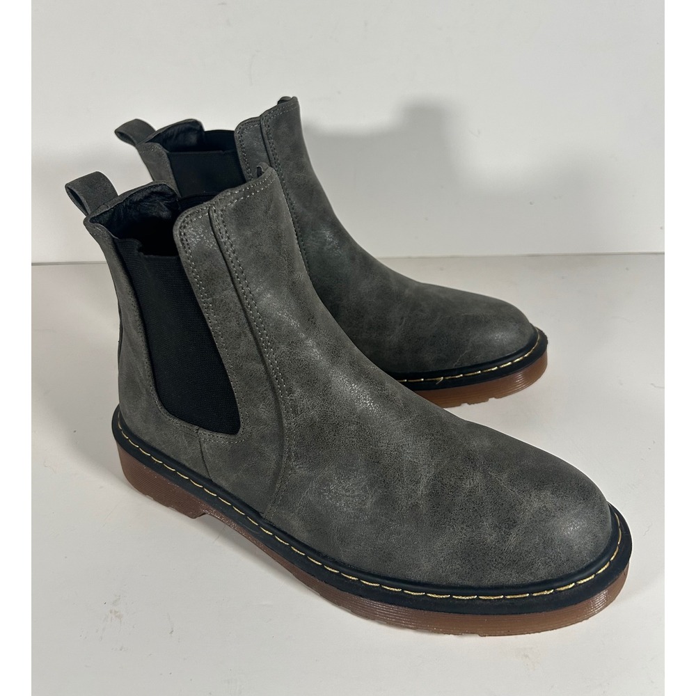 Grey Faux Leather Chelsea Boots Yellow Stitching Gum Sole Ankle Booties 245